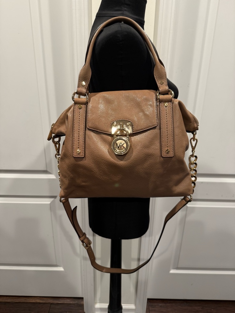 Michael Kors Hamilton Leather Satchel in Dark Dune with Gold Hardware